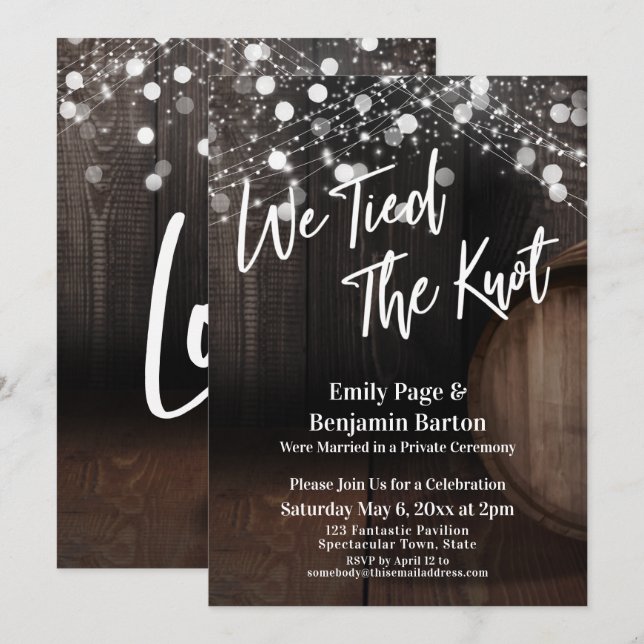 We Tied the Knot Wine Barrel and Lights Invitation (Front/Back)