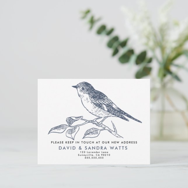We’ve Moved Postcard – Elegant Bird Illustration (Standing Front)