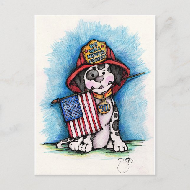 We Will Never Forget 9/11 Firefighter Dalmatian Postcard (Front)