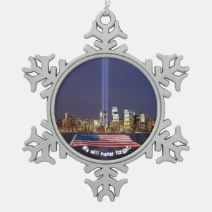 We Will Never Forget 9-11 Tribute Snowflake Pewter Christmas Ornament