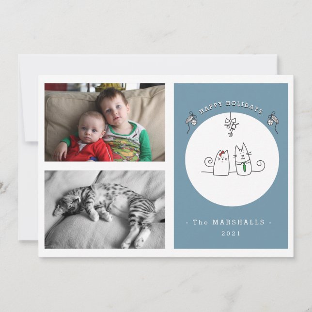 We Wish You A Meowy Christmas Funny Cat Blue Photo Holiday Card (Front)