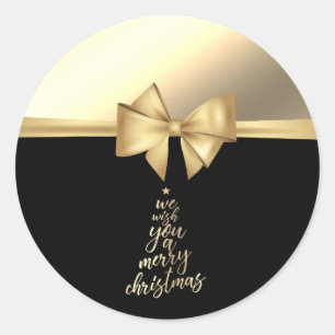 We Wish You A Merry Christmas,Faux Gold Bow Classic Round Sticker