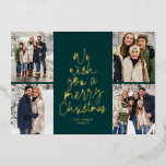 We wish you a Merry Christmas green four photo Foil Holiday Card<br><div class="desc">We wish you a Merry Christmas! This holiday photo card features a classic message in a fun Christmas tree shape in foil on a rich dark green background. With four photos on the front, it's a great way to send Christmas cheer to friends and family. The playful type treatment is...</div>