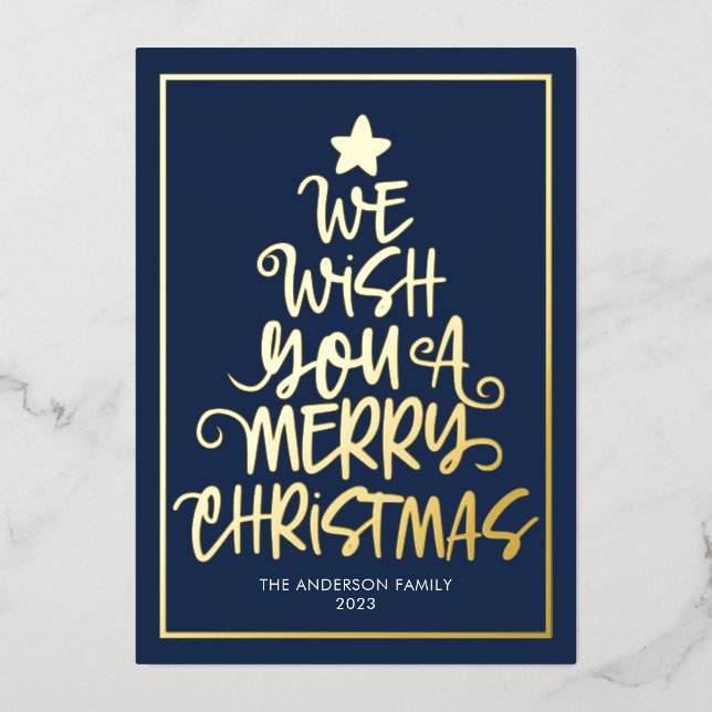 We Wish You A Merry Christmas Navy Blue Fun Foil Holiday Card (Front)