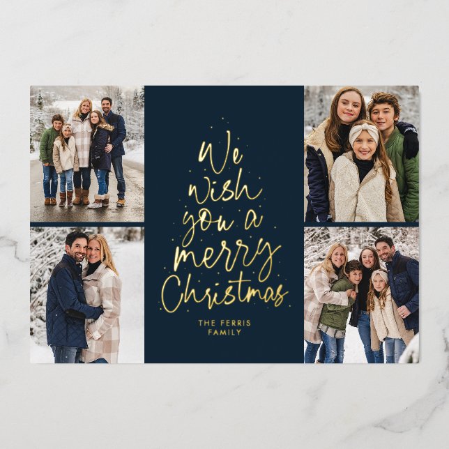 We wish you a Merry Christmas navy gold four photo Foil Holiday Card (Front)