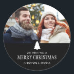 We Wish You a Merry Christmas Pine Tree Photo Classic Round Sticker<br><div class="desc">Christmas photo stickers in a simple and modern black and white pine tree design featuring your favourite photo. These holiday stickers are great for gifts or to use as an envelope seal sticker for your Christmas cards. Customize these photo Christmas stickers with your photo, message and names. Visit our store...</div>