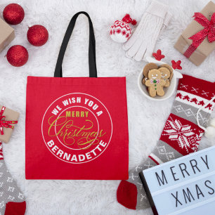 We Wish You a Merry Christmas Red Custom Name Tote Bag