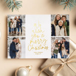 We wish you a Merry Christmas red gold four photo Foil Holiday Card<br><div class="desc">We wish you a Merry Christmas! This holiday photo card features a classic message in a fun Christmas tree shape in foil on a white background. With four photos on the front, it's a great way to send Christmas cheer to friends and family. The playful type treatment is shaped like...</div>