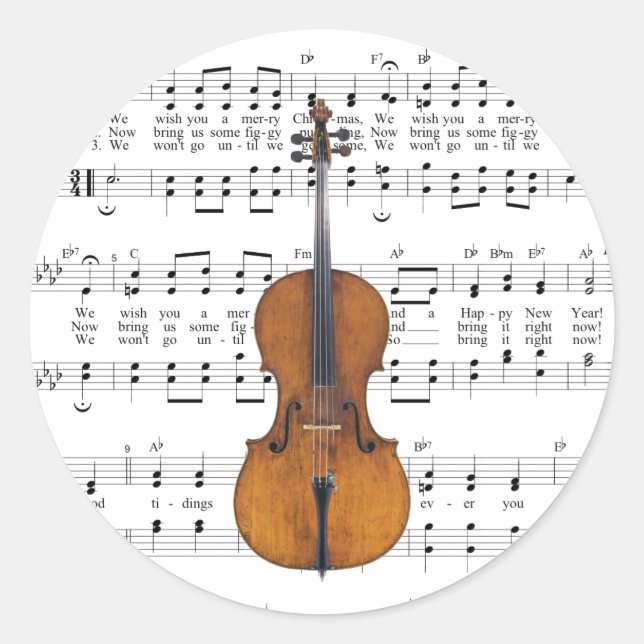 We Wish You a Merry Christmas Sheet Music Cello Classic Round Sticker (Front)