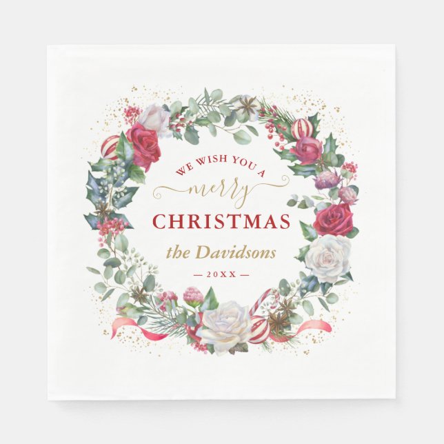 We Wish You A Merry Christmas Wreath Monogram Napkin (Front)