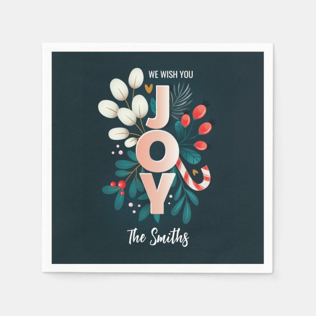 We Wish You JOY, Christmas Candy Cane & Foliage Napkin (Front)