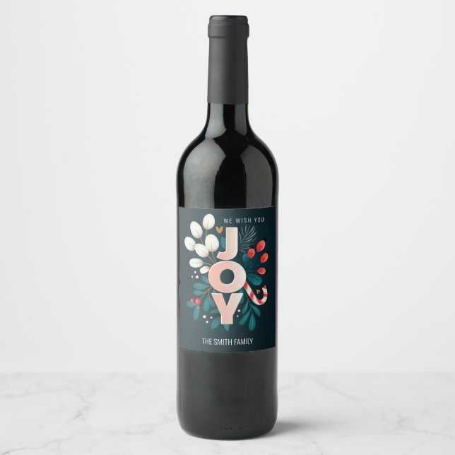 We Wish You JOY, Christmas Candy Cane & Foliage Wine Label (Front)