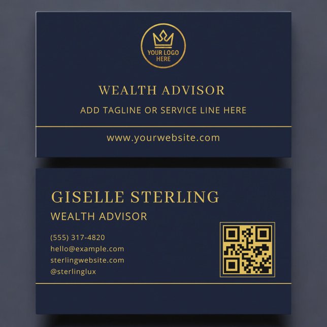 Wealth Advisor Blue Gold Logo QR Code Business Card (Creator Uploaded)
