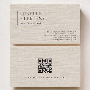 Wealth Advisor Luxury Neutral Linen QR Code Business Card