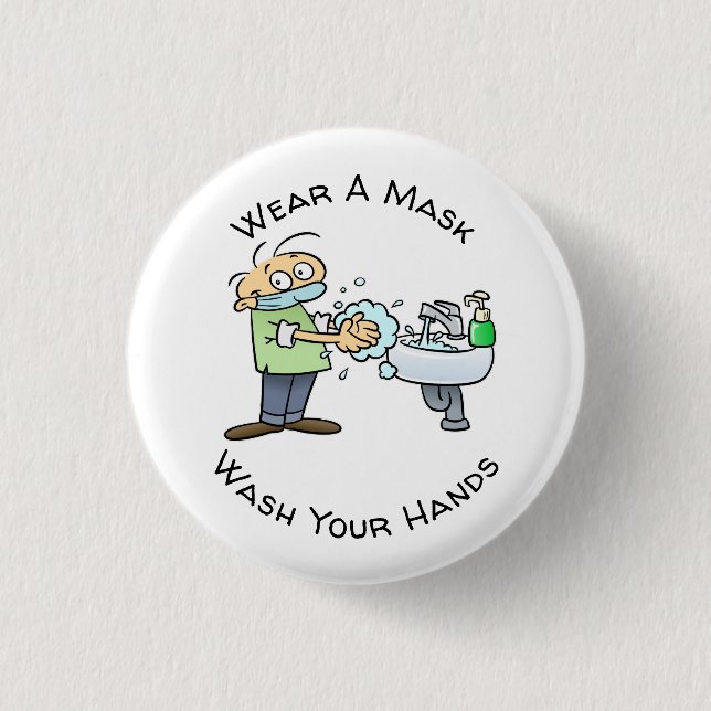 Wear A Mask And Wash Your Hands Hygiene Cartoon 1 Inch Round Button (Front)