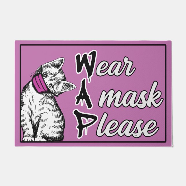 Wear A Mask Please Mat, Pink Kitty Wearing Mask Doormat (Front)