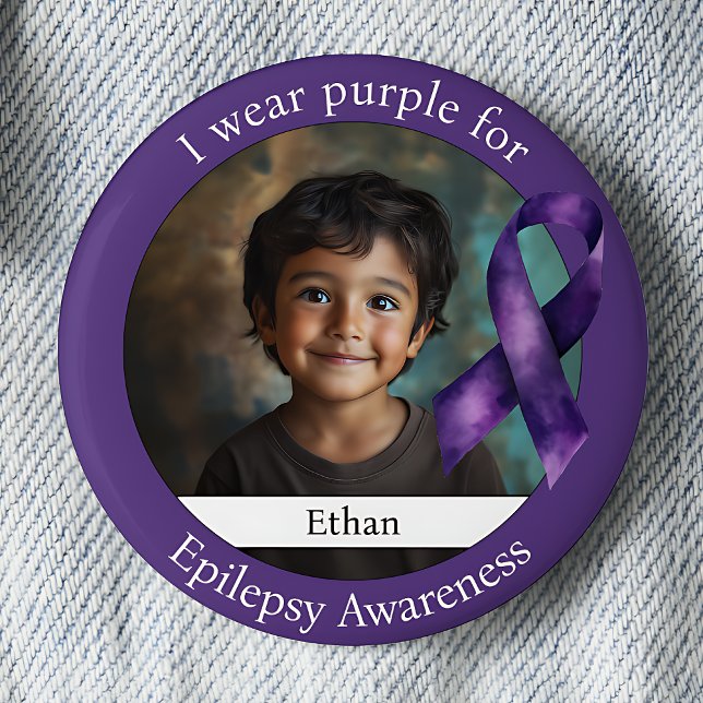 Wear Purple for Epilepsy Awareness Photo 2 Inch Round Button (I wear purple for Epilepsy Awareness purple ribbon photo pinback button.)