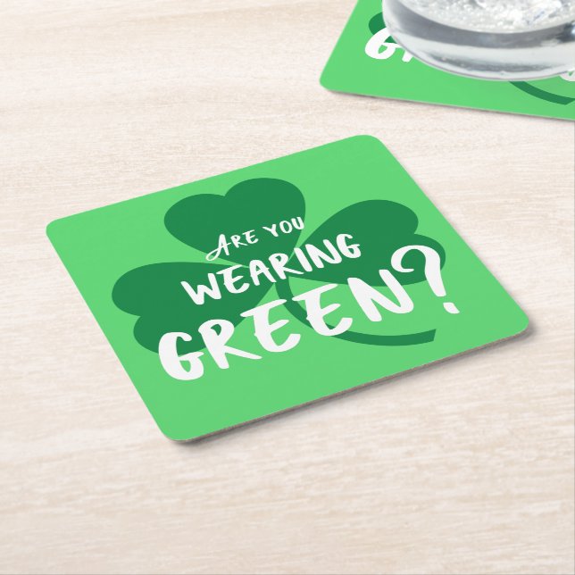 Wearing Green? Shamrock St. Patrick's Day Party Square Paper Coaster (Angled)