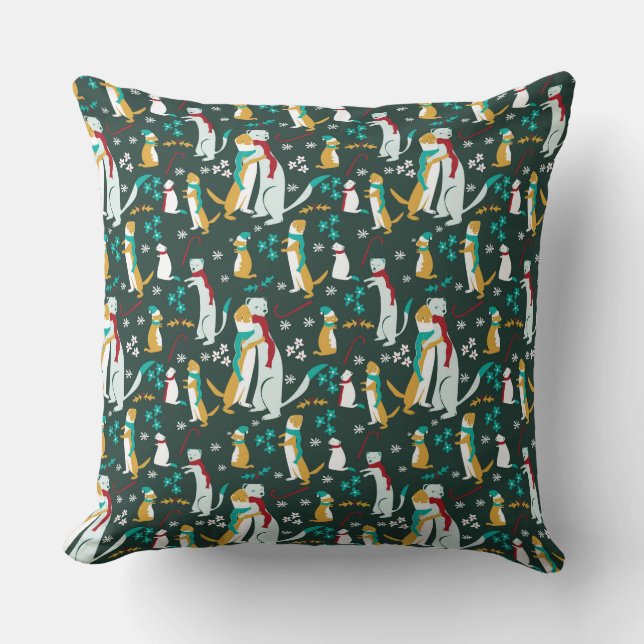 Weasel hugs Christmas pattern teal Throw Pillow (Front)