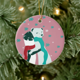 Weasel hugs in Christmas in Pink Ceramic Ornament