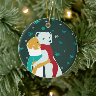 Weasel hugs in Christmas  Teal Ceramic Ornament