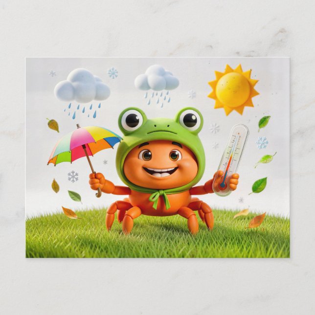 Weather Crab Measuring Climate With Rainbow Umbrel Postcard (Front)