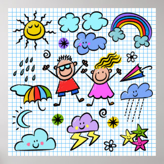 Weather Kids Happy Cheerful Doodles  Poster