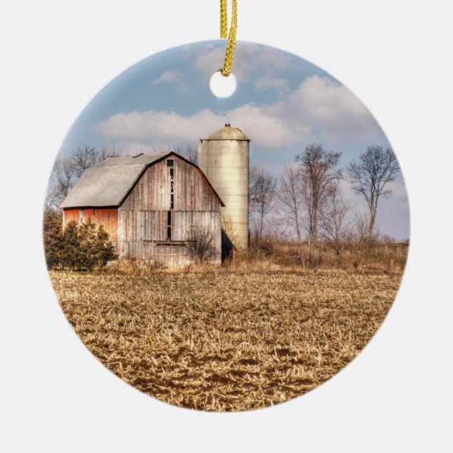 Weathered Barn & Silo in Cornfield Ceramic Ornament (Front)