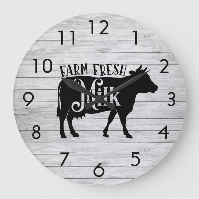 Weathered Barnboards Cow Silhouette Fresh Milk Large Clock (Front)