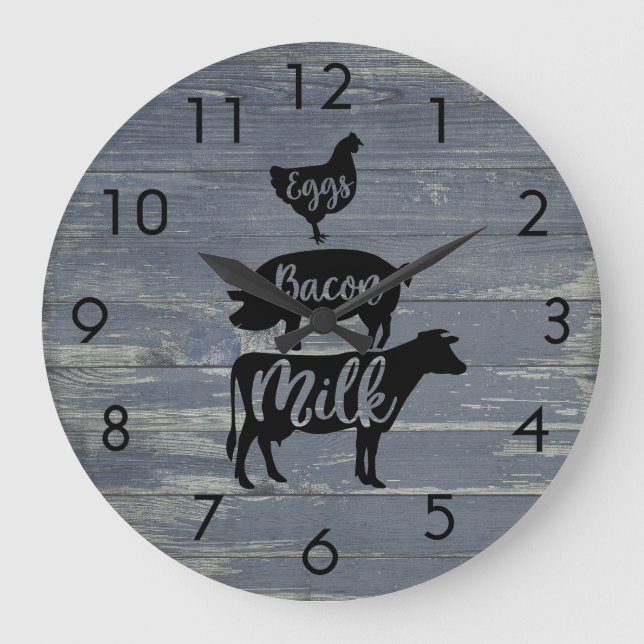 Weathered Blue Boards Eggs Bacon Milk Animals   Large Clock (Front)