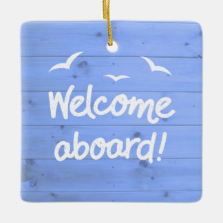 Weathered Blue Wood Welcome Aboard Nautical Ceramic Ornament