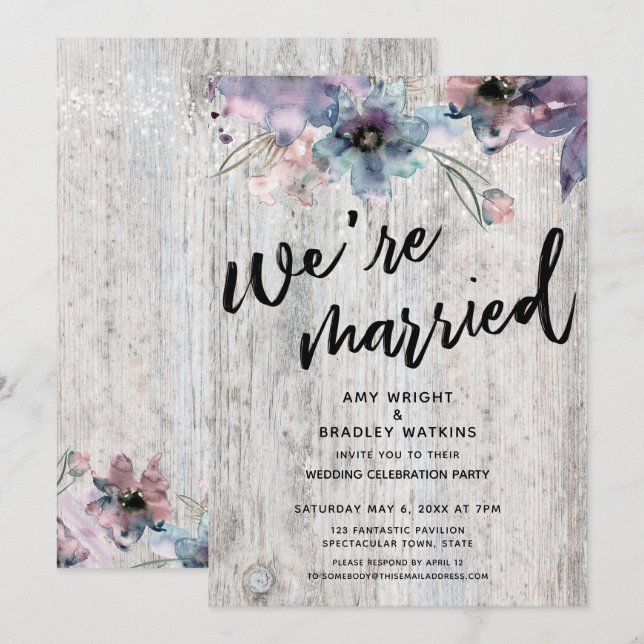 Weathered Boards Flowers Lights We're Married Invitation (Front/Back)