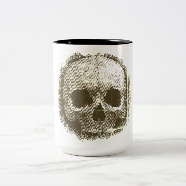 Weathered Burlap Skull Gothic Black Rim Mug (Center)