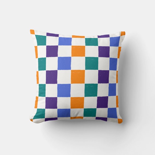 Weathered Chequerboard Orange, Teal, Blue, Purple Throw Pillow (Front)
