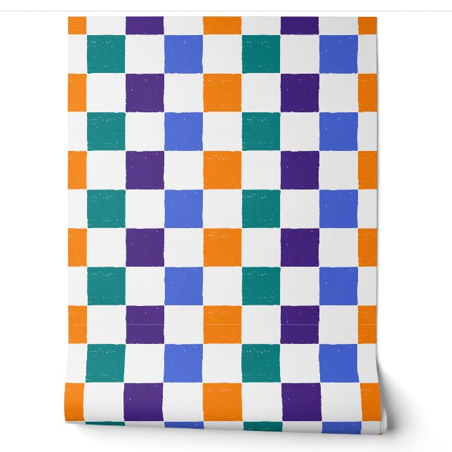 Weathered Chequerboard Orange, Teal, Blue, Purple Wallpaper (Unrolling)