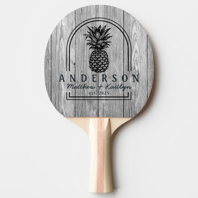 Weathered Dark Grey Pineapple Wedding Arch & Name Ping Pong Paddle (Front)