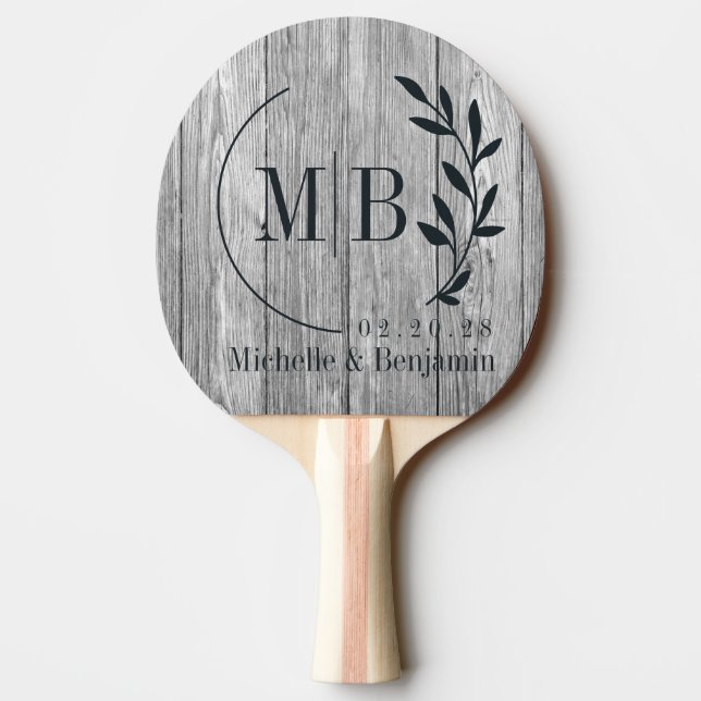 Weathered Dark Grey Wooden Leaf Wedding Monogram Ping Pong Paddle (Back)