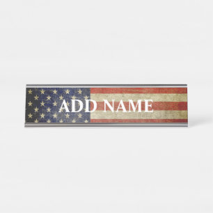 Weathered, distressed American Flag with Name Desk Name Plate