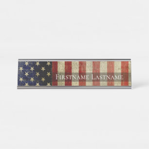 Weathered, distressed American Flag with Name Desk Name Plate