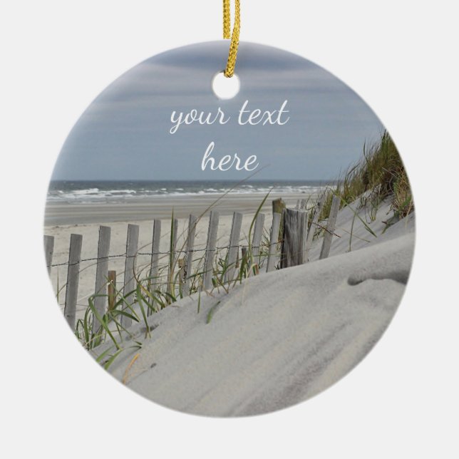 Weathered fence and sand dunes at the beach ceramic ornament (Front)