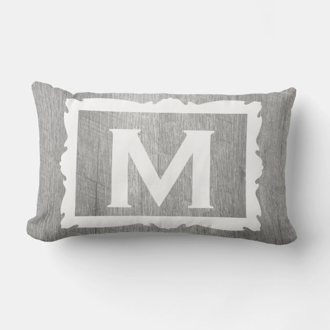 Weathered Grey Wood Rustic Framed Monogram Lumbar Pillow (Front)
