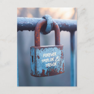 Weathered Love Padlock on Rusty Fence Postcard