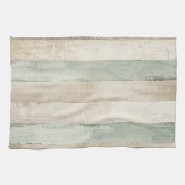 Weathered Soft Blue Tan Brown White Rustic Stripe Kitchen Towel (Horizontal)