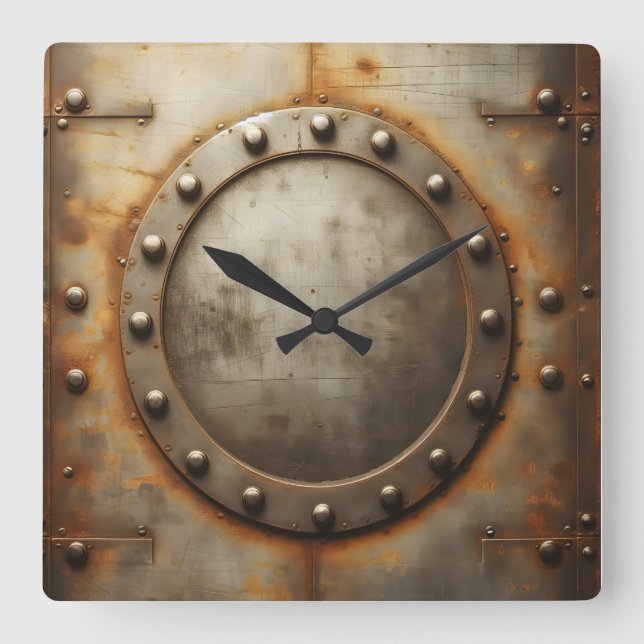 weathered steel, metal look  square wall clock (Front)