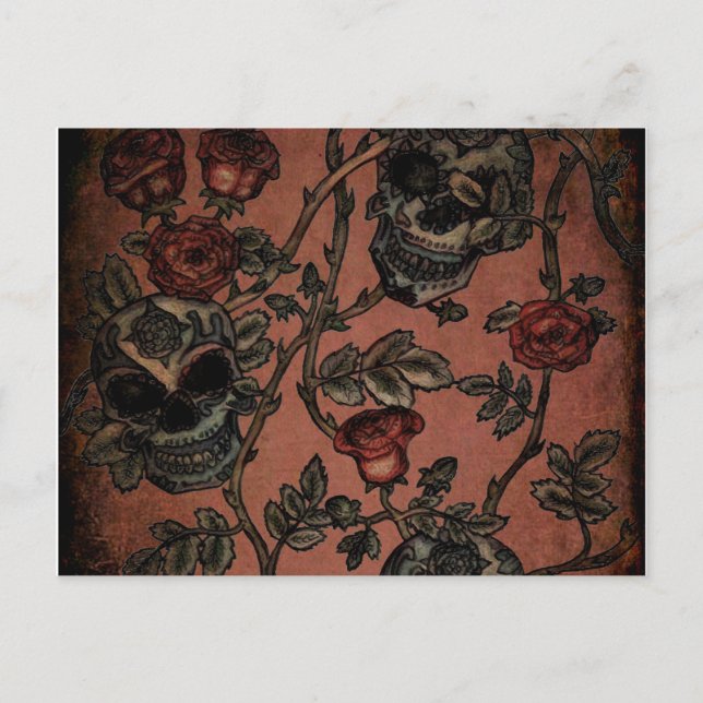Weathered Sugar Skulls and Roses Postcard (Front)
