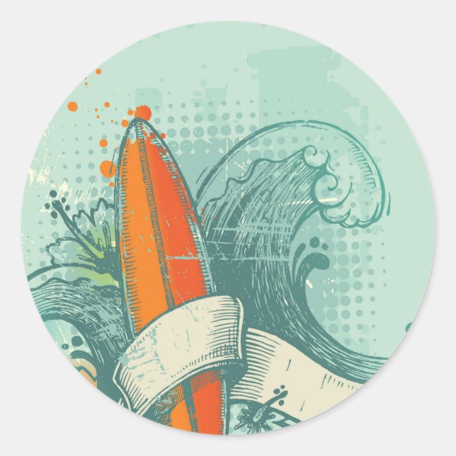 Weathered Surfboard Design Classic Round Sticker (Front)