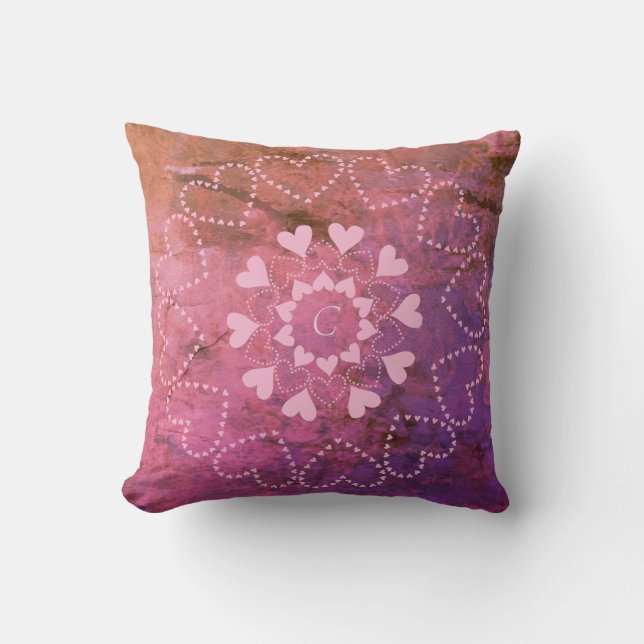 Weathered Valentine Mandala on Pink Rust Granite Throw Pillow (Front)