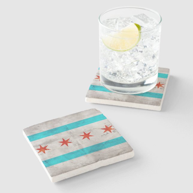 Weathered Vintage Chicago State Flag Stone Coaster (Side)