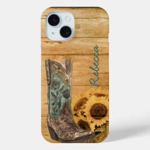 Weathered Western Country sunflower cowboy boot iPhone 15 Case
