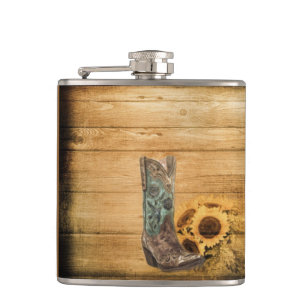 Weathered Western Country sunflower cowboy boot Hip Flask